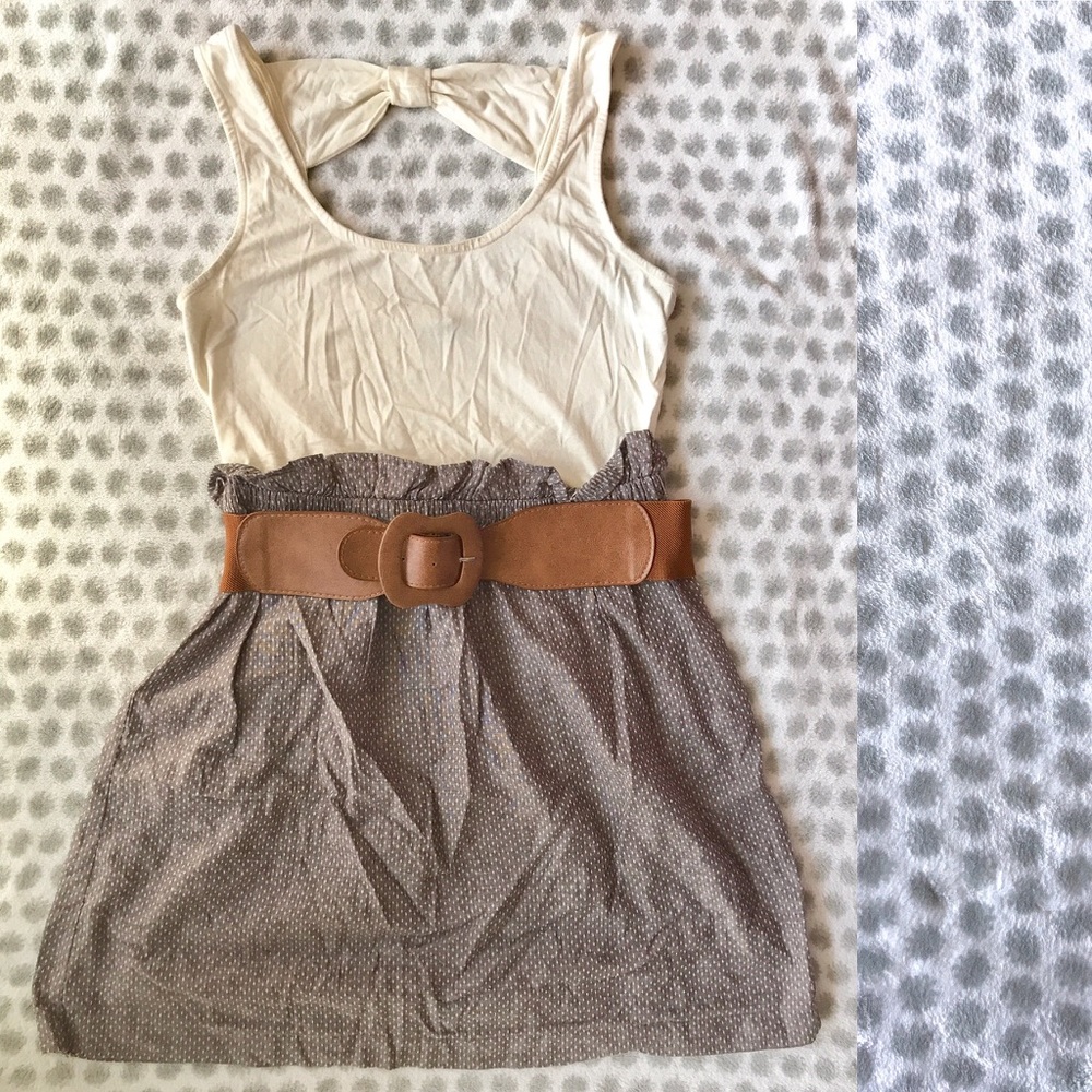 Cream/brown belted mini dress - medium